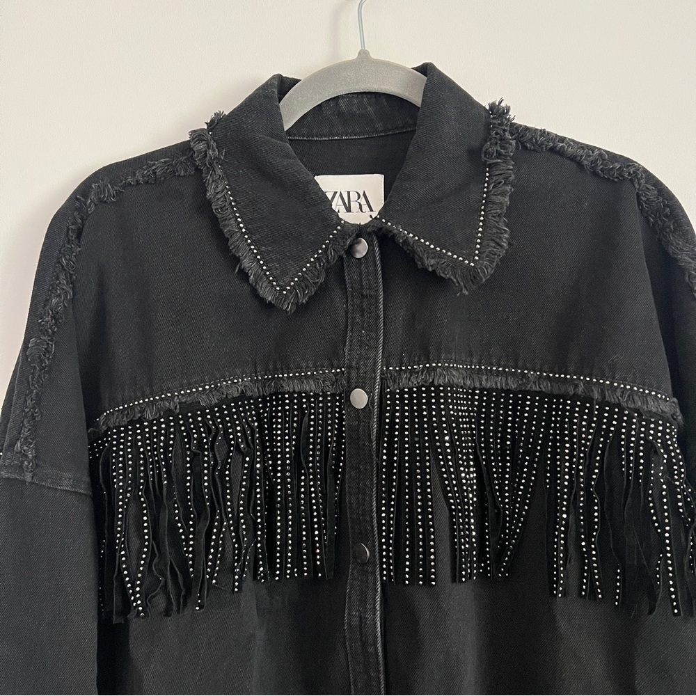 Zara Rhinestone Fringe Studded Jean Jacket Black Women’s Size XS - Picture 3 of 8